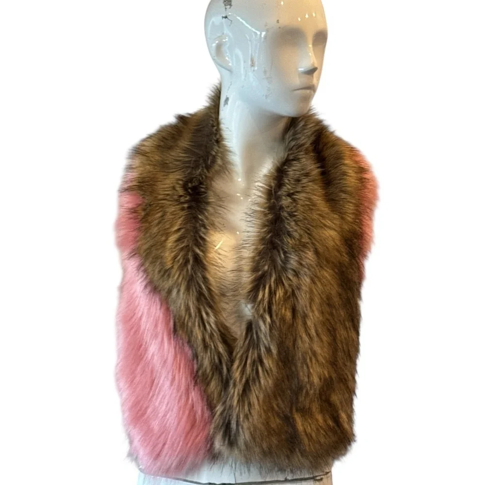 Faux Fur Colorblock Wrap Scarf Pink & Brown Glam Statement Stole Size OS
